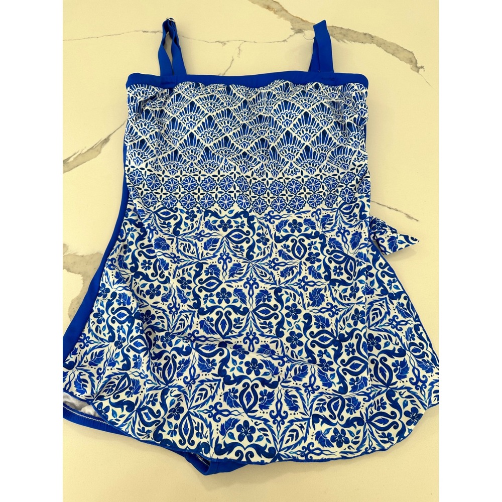 Maxine of Hollywood Blue Whiteโ Tile Print One Piece Swimsuit Tummy Control 12